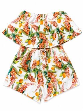 Shore Lemon Floral Off Shoulder Romper Ruffle Bodice 100% Cotton XS